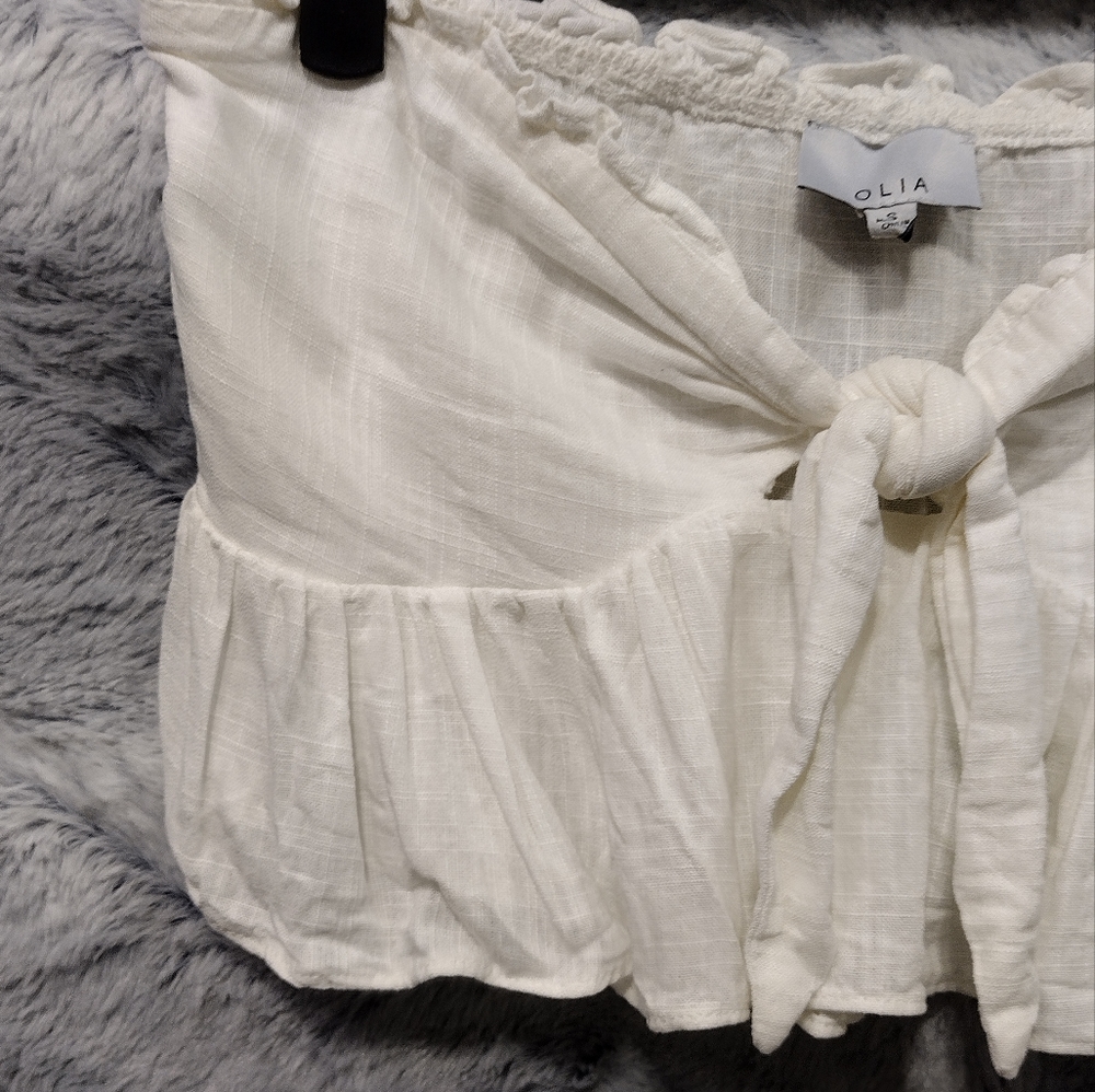 Olia Linen Blend Strapless Top Women's S White Cropped Ruffle Beach Coastal - Picture 3 of 9